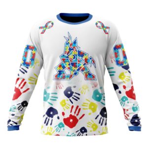 Personalized NHL Arizona CoyotesCrewneck Sweatshirt Autism Awareness Hands Design Unisex Shirt 1