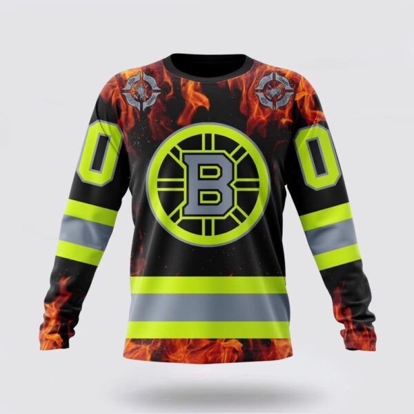 Personalized NHL Boston Bruins Crewneck Sweatshirt Special Design Honoring Firefighters