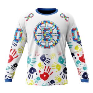 Personalized NHL Boston BruinsCrewneck Sweatshirt Autism Awareness Hands Design Unisex Shirt 1