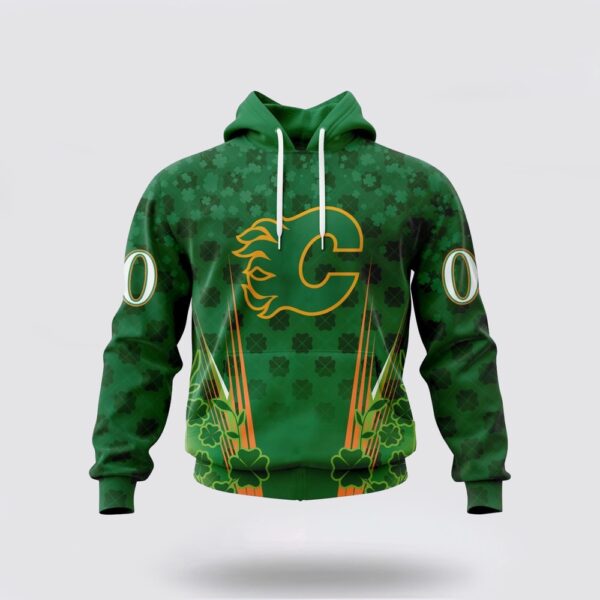 Personalized NHL Calgary Flames Hoodie Full Green Design For St Patrick’s Day 3D Hoodie