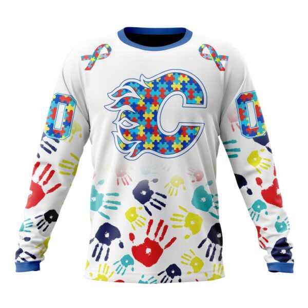 Personalized NHL Calgary FlamesCrewneck Sweatshirt  Autism Awareness Hands Design Unisex Shirt