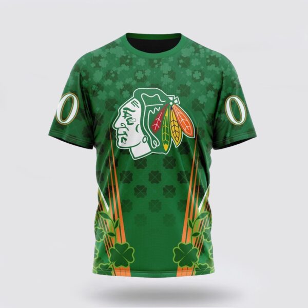 Personalized NHL Chicago Blackhawks 3D T Shirt Full Green Design For St Patrick’s Day Unisex Tshirt