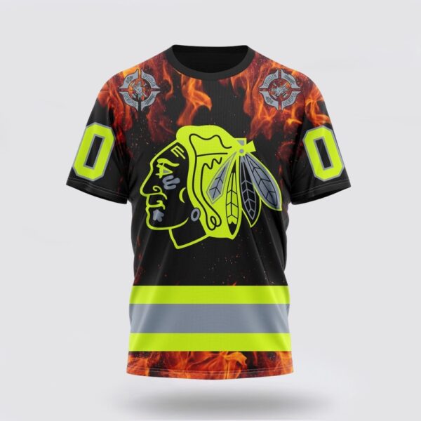 Personalized NHL Chicago Blackhawks 3D T Shirt Special Design Honoring Firefighters Unisex Tshirt
