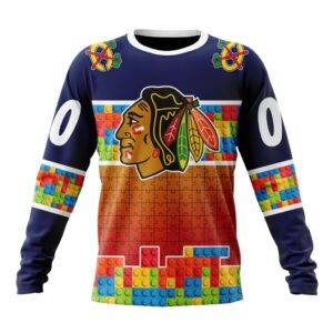 Personalized NHL Chicago Blackhawks Crewneck Sweatshirt Autism Awareness Design 1
