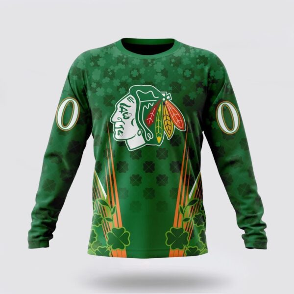 Personalized NHL Chicago Blackhawks Crewneck Sweatshirt Full Green Design For St Patrick’s Day