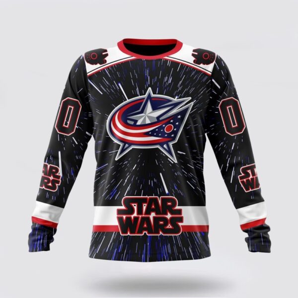 Personalized NHL Columbus Blue Jackets Crewneck Sweatshirt X Star Wars Meteor Shower Design