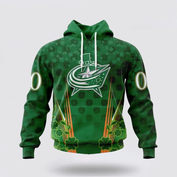 Personalized NHL Columbus Blue Jackets Hoodie Full Green Design For St Patrick’s Day 3D Hoodie