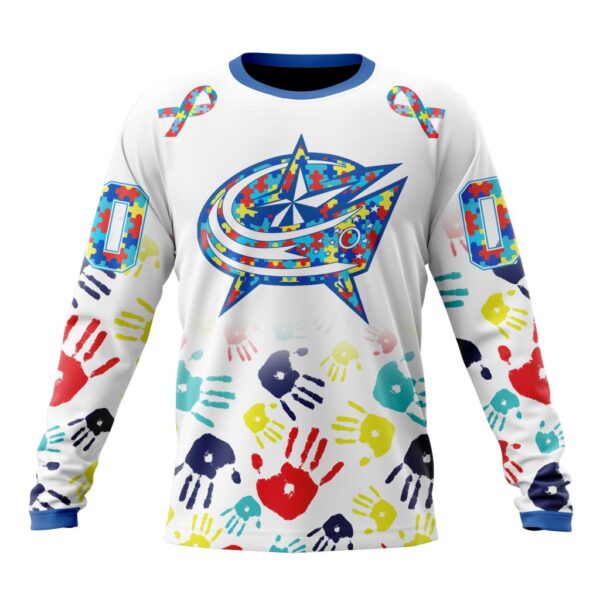 Personalized NHL Columbus Blue JacketsCrewneck Sweatshirt  Autism Awareness Hands Design Unisex Shirt