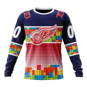 Personalized NHL Detroit Red Wings Crewneck Sweatshirt Autism Awareness Design 1