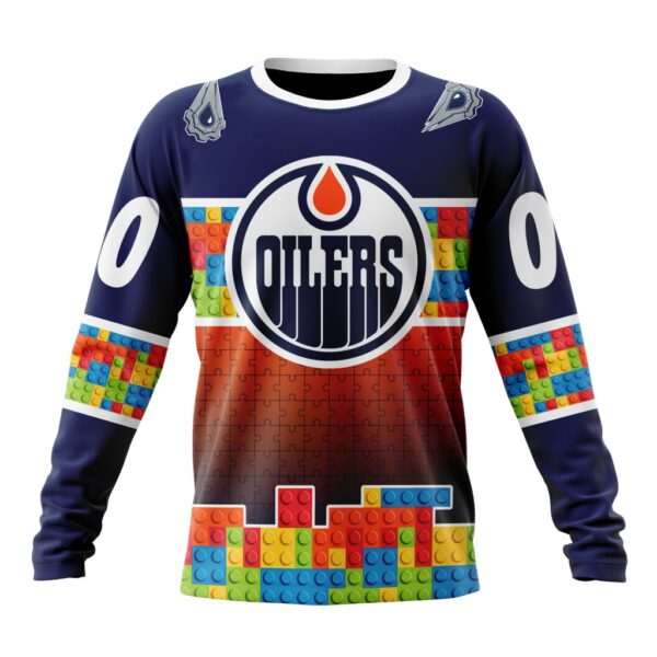 Personalized NHL Edmonton Oilers Crewneck Sweatshirt Autism Awareness Design