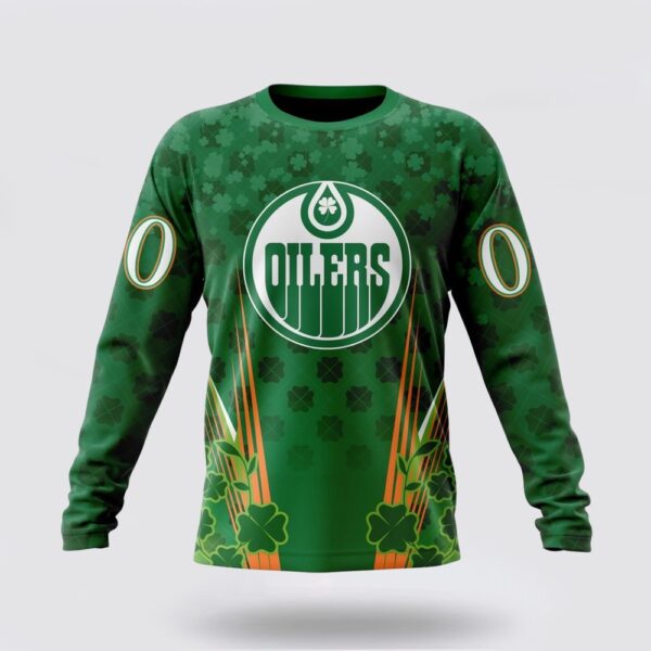 Personalized NHL Edmonton Oilers Crewneck Sweatshirt Full Green Design For St Patrick’s Day