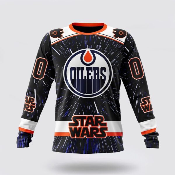Personalized NHL Edmonton Oilers Crewneck Sweatshirt X Star Wars Meteor Shower Design