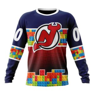 Personalized NHL New Jersey Devils Crewneck Sweatshirt Autism Awareness Design 1