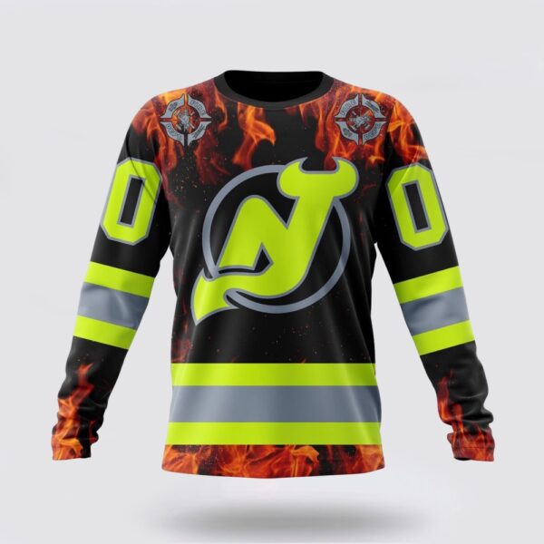 Personalized NHL New Jersey Devils Crewneck Sweatshirt Special Design Honoring Firefighters