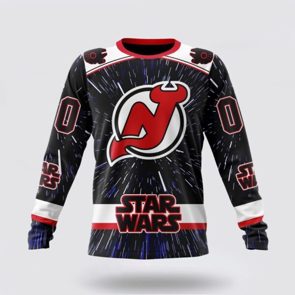 Personalized NHL New Jersey Devils Crewneck Sweatshirt X Star Wars Meteor Shower Design