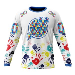 Personalized NHL New Jersey DevilsCrewneck Sweatshirt Autism Awareness Hands Design Unisex Shirt 1