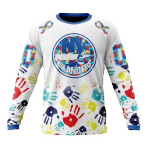 Personalized NHL New York IslandersCrewneck Sweatshirt Autism Awareness Hands Design Unisex Shirt 1