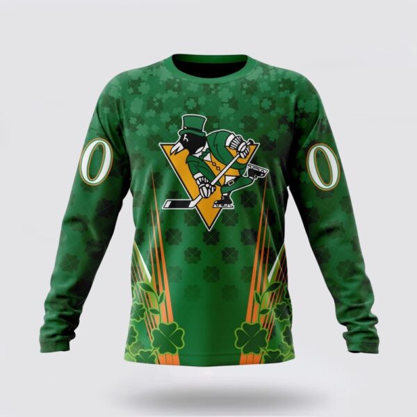 Personalized NHL Pittsburgh Penguins Crewneck Sweatshirt Full Green Design For St Patrick’s Day