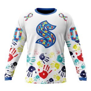 Personalized NHL Seattle KrakenCrewneck Sweatshirt Autism Awareness Hands Design Unisex Shirt 1