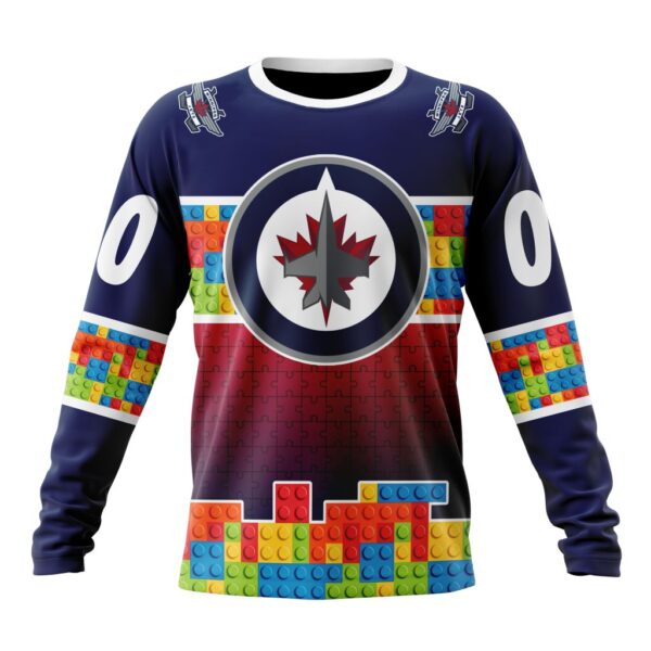 Personalized NHL Winnipeg Jets Crewneck Sweatshirt Autism Awareness Design
