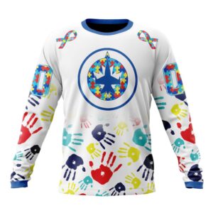 Personalized NHL Winnipeg JetsCrewneck Sweatshirt Autism Awareness Hands Design Unisex Shirt 1