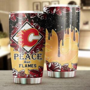 Calgary Flames Tumbler Peace Love and Hockey Grunge Design 2