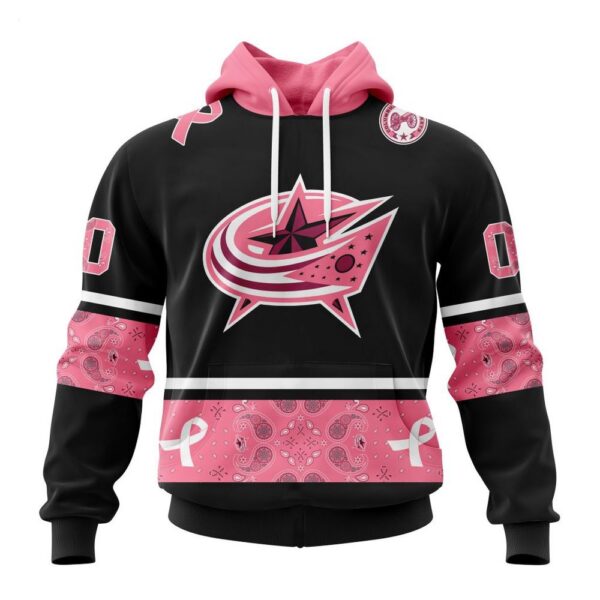 Columbus Blue Jackets Hoodie Specialized Design In Classic Style With Paisley! WE WEAR PINK BREAST CANCER Hoodie