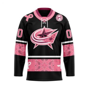 Customize NHL Columbus Blue Jackets Specialized Hockey Jersey In Classic Style With Paisley Pink Breast Cancer 1