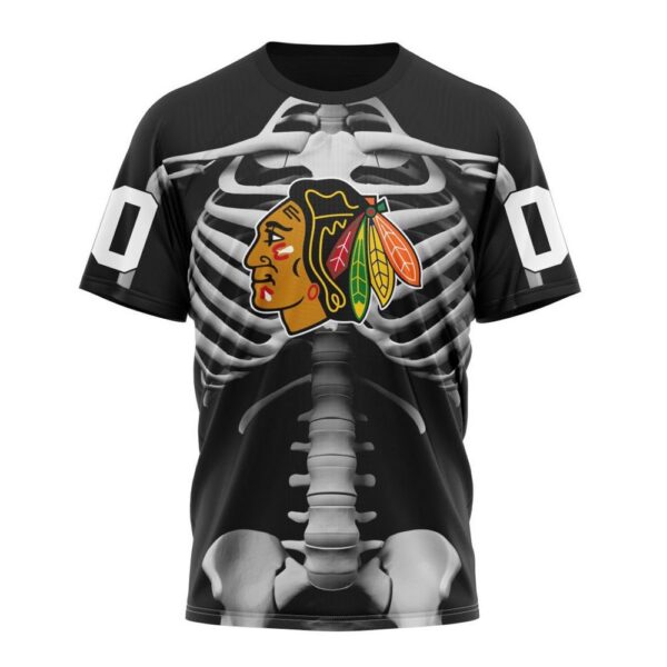 Customized NHL Chicago Blackhawks T-Shirt Special Skeleton Costume For Halloween T-Shirt