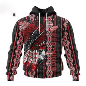 Customized NHL Detroit Red Wings Hoodie Special Skull Native Design Hoodie 1