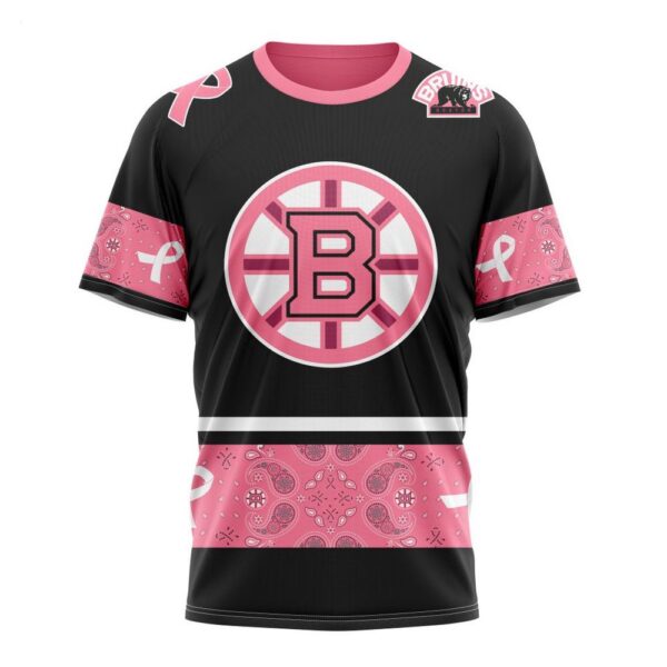 NHL Boston Bruins T-Shirt Specialized Design In Classic Style With Paisley! WE WEAR PINK BREAST CANCER T-Shirt
