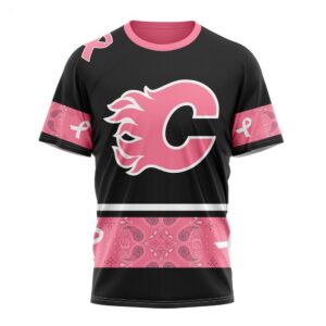 NHL Calgary Flames T Shirt Specialized Design In Classic Style With Paisley! WE WEAR PINK BREAST CANCER T Shirt 1