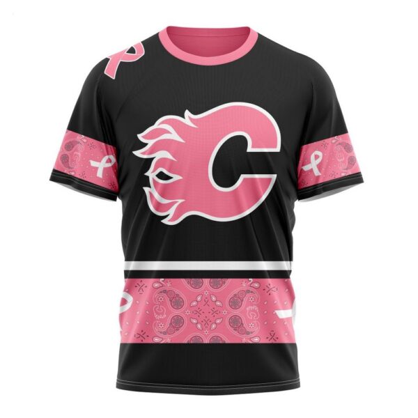 NHL Calgary Flames T-Shirt Specialized Design In Classic Style With Paisley! WE WEAR PINK BREAST CANCER T-Shirt