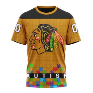 NHL Chicago BlackHawks T Shirt Specialized Unisex Kits Hockey Fights Against Autism T Shirt 1