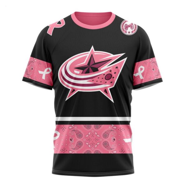 NHL Columbus Blue Jackets T-Shirt Specialized Design In Classic Style With Paisley! WE WEAR PINK BREAST CANCER T-Shirt