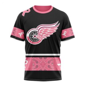 NHL Detroit Red Wings T Shirt Specialized Design In Classic Style With Paisley! WE WEAR PINK BREAST CANCER T Shirt 1