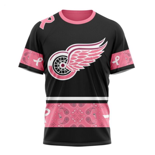 NHL Detroit Red Wings T-Shirt Specialized Design In Classic Style With Paisley! WE WEAR PINK BREAST CANCER T-Shirt