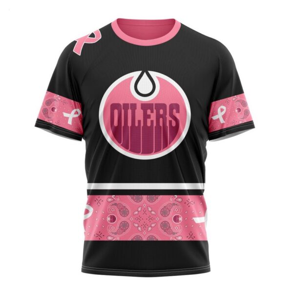 NHL Edmonton Oilers T-Shirt Specialized Design In Classic Style With Paisley! WE WEAR PINK BREAST CANCER T-Shirt