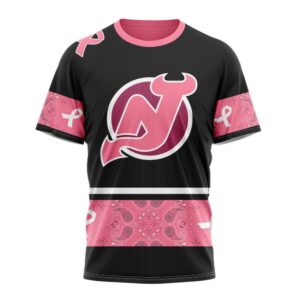 NHL New Jersey Devils T Shirt Specialized Design In Classic Style With Paisley! WE WEAR PINK BREAST CANCER T Shirt 1