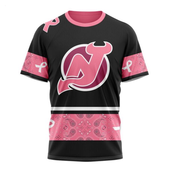 NHL New Jersey Devils T-Shirt Specialized Design In Classic Style With Paisley! WE WEAR PINK BREAST CANCER T-Shirt