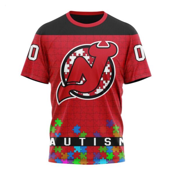 NHL New Jersey Devils T-Shirt Specialized Unisex Kits Hockey Fights Against Autism T-Shirt