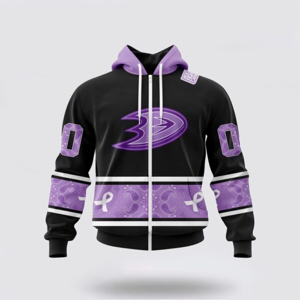 Personalized NHL Anaheim Ducks All Over Print Hoodie Special Black And Lavender Hockey Fight Cancer Design Hoodie