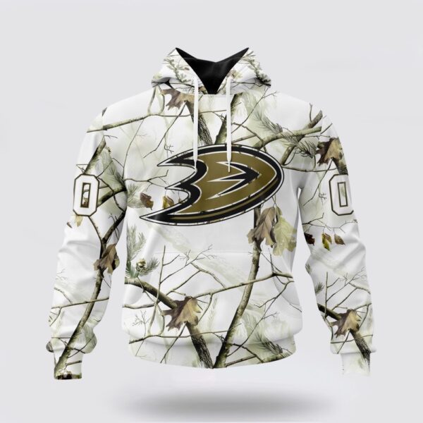 Personalized NHL Anaheim Ducks All Over Print Hoodie Special White Winter Hunting Camo Design Hoodie