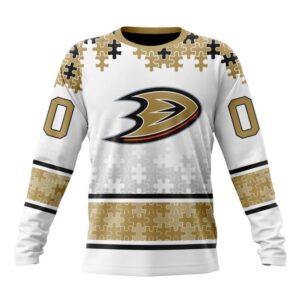 Personalized NHL Anaheim Ducks Crewneck Sweatshirt Special Autism Awareness Design With Home Jersey Style 1
