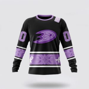 Personalized NHL Anaheim Ducks Crewneck Sweatshirt Special Black And Lavender Hockey Fight Cancer Design Sweatshirt 1