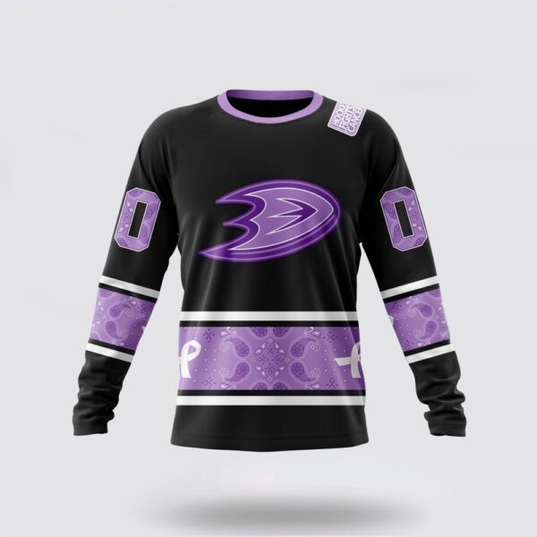 Personalized NHL Anaheim Ducks Crewneck Sweatshirt Special Black And Lavender Hockey Fight Cancer Design Sweatshirt