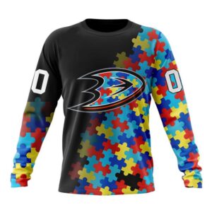 Personalized NHL Anaheim Ducks Crewneck Sweatshirt Special Black Autism Awareness Design 1
