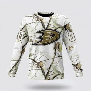 Personalized NHL Anaheim Ducks Crewneck Sweatshirt Special White Winter Hunting Camo Design Sweatshirt 1