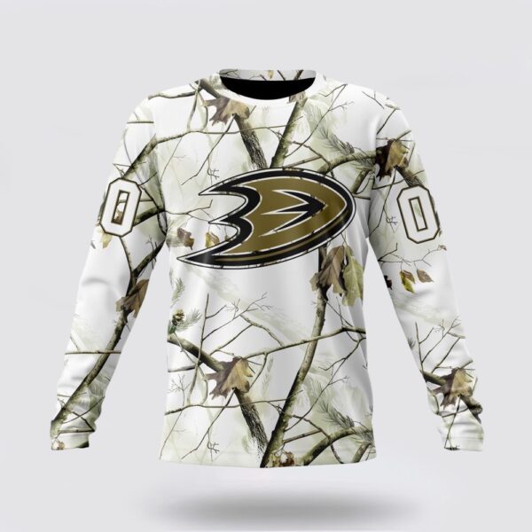 Personalized NHL Anaheim Ducks Crewneck Sweatshirt Special White Winter Hunting Camo Design Sweatshirt