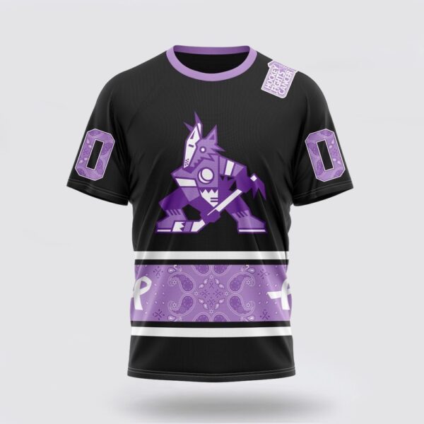 Personalized NHL Arizona Coyotes 3D T Shirt Special Black And Lavender Hockey Fight Cancer Design T Shirt